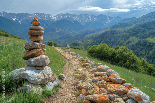 A rocky mountain trail with several cairns guiding the way, each carefully balanced to perfection, blending seamlessly with the rugged natural landscape. photo