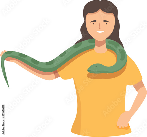 Smiling young woman in a yellow shirt with a large green snake draped around her shoulders