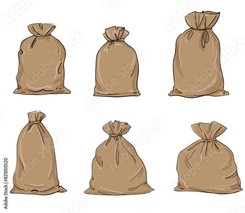 Hand Drawn Set Canvas sack isolated white background ink vector Illustration