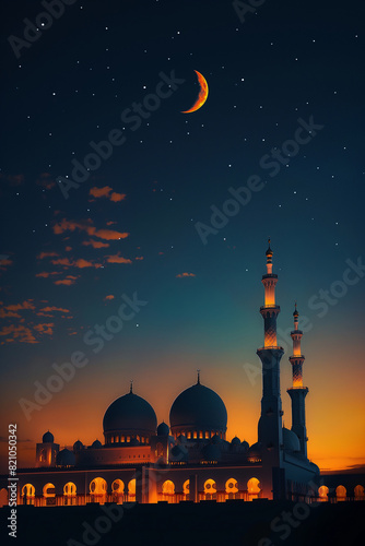 Glowing mosque under a starry night sky, night photography, long exposure, vibrant colors, breathtaking, majestic architecture, illuminated, spiritual Holy View
