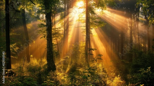 Beautiful forest panorama with bright sun shining through the trees