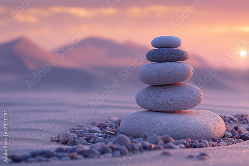 A peaceful desert landscape at dusk  with stone stacks illuminated by the soft  fading light  set against a backdrop of rolling sand dunes and a colorful sky.