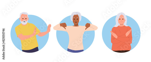 Unhappy frustrated senior people cartoon character gesturing stop, enough and deny hand sign