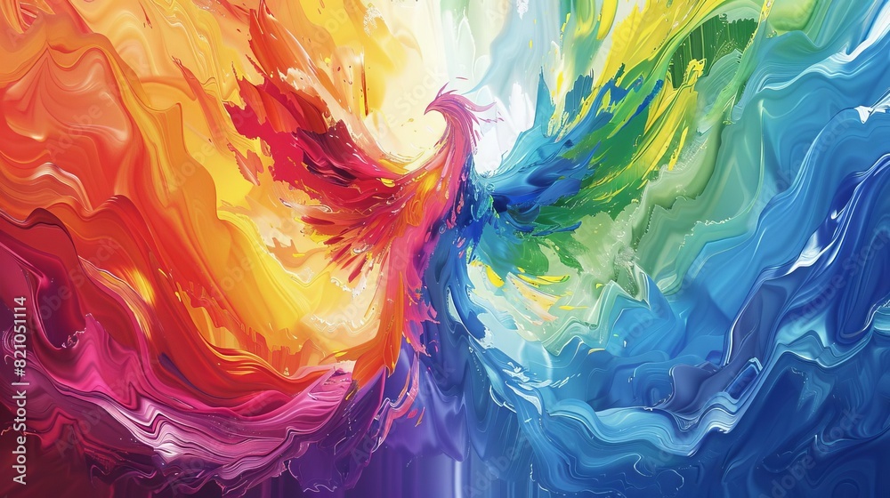 A phoenix rising in rainbow flames, symbolizing rebirth and resilience, dynamic composition, bright and bold, mythology art style A phoenix rising in rainbow flames, symbolizing rebirth and resilience, dynamic composition, bright and bold, mythology art style