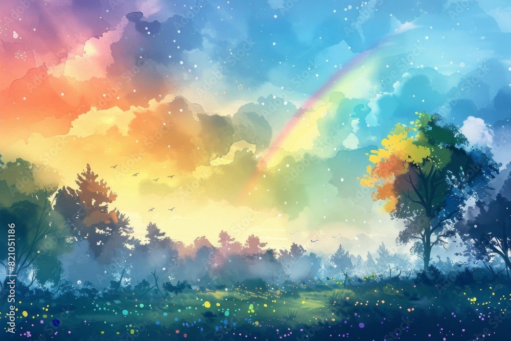 A serene landscape with a rainbow stretching across the sky, peaceful and uplifting, soft watercolor technique, natures beauty A serene landscape with a rainbow stretching across the sky, peaceful and uplifting, soft watercolor technique, natures beauty