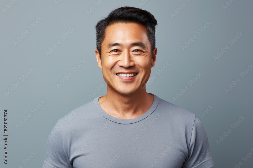 Portrait of a happy asian man in his 40s smiling at the camera isolated on minimalist or empty room background Portrait of a happy asian man in his 40s smiling at the camera isolated on minimalist or empty room background