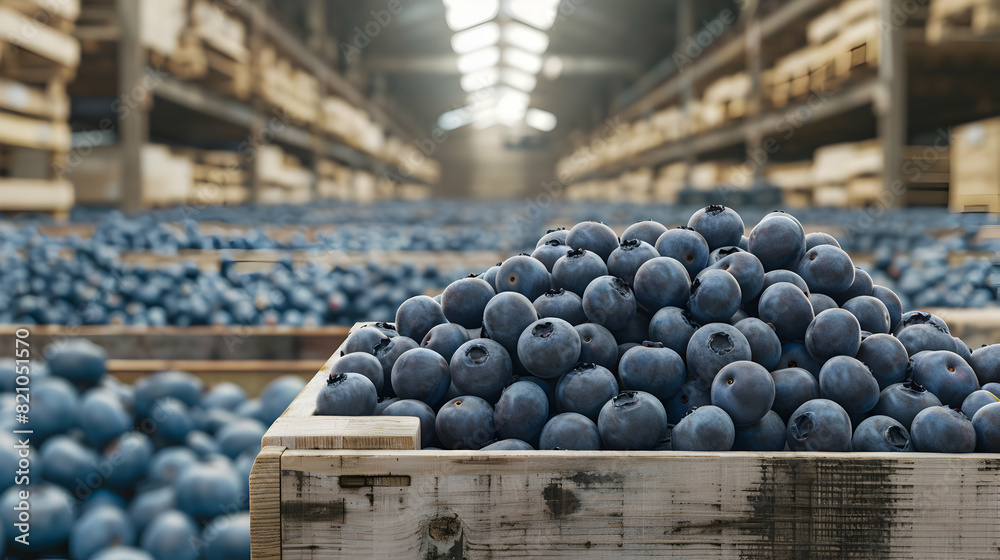 Obraz premium Blueberries harvested in wooden boxes in a warehouse. Natural organic fruit abundance. Healthy and natural food storing and shipping concept.