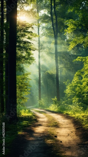 Beautiful forest panorama with bright sun shining through the trees