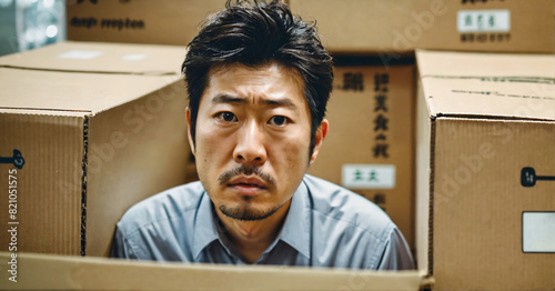 倉庫のダンボール箱に囲まれている作業員
