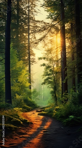 Beautiful forest panorama with bright sun shining through the trees