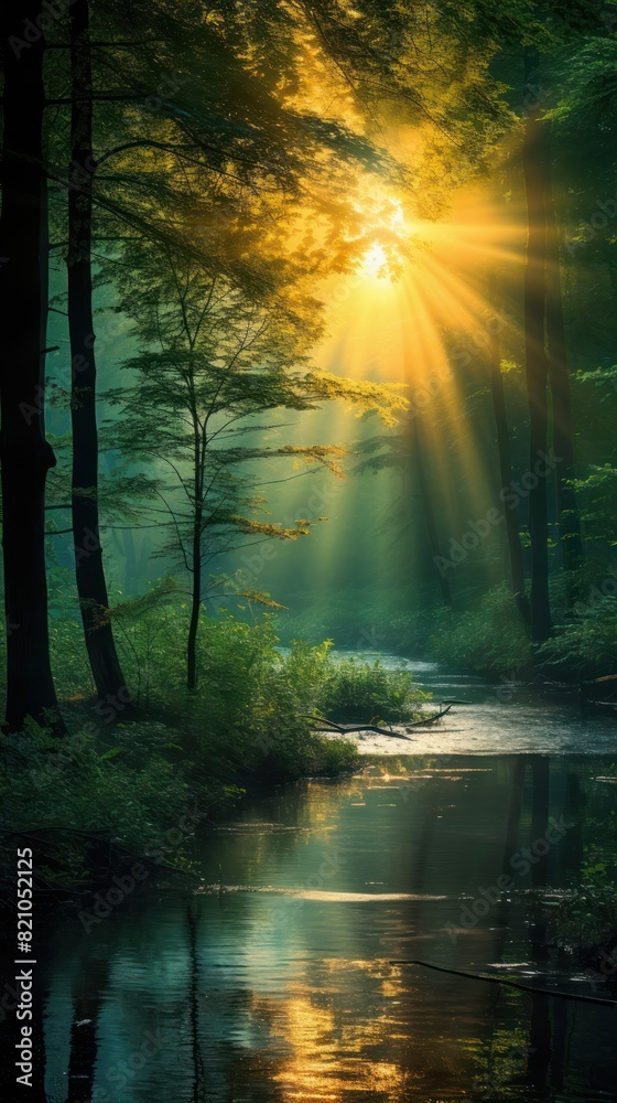 Beautiful forest panorama with bright sun shining through the trees