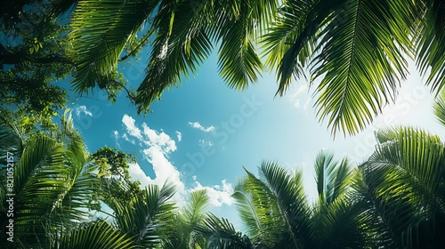 Tropical paradise with lush green palm leaves and a clear blue sky  perfect for summer vacation backgrounds or nature-themed designs.