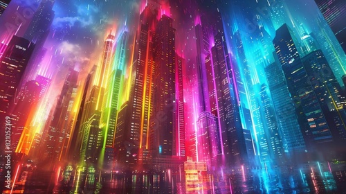 Pridethemed cityscape with rainbow lights illuminating the buildings, vibrant colors, futuristic elements, panoramic view, highresolution photo