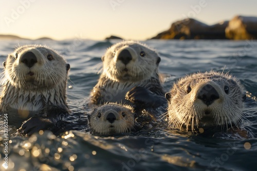 A close-up portrait of a sea otter family in the sea, looking towards the camera. Horizontal. Space for copy. photo