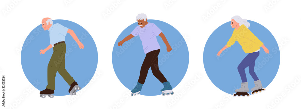 Active senior man and woman cartoon character rollerblading enjoying fast riding extreme sport