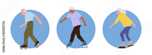 Active senior man and woman cartoon character rollerblading enjoying fast riding extreme sport