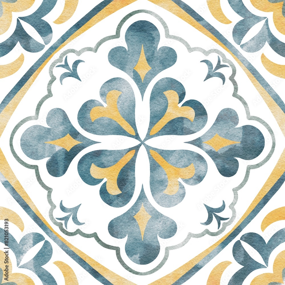 custom made wallpaper toronto digitalHand painted watercolor blue faience floral arabesques azulejo tile allover seamless pattern