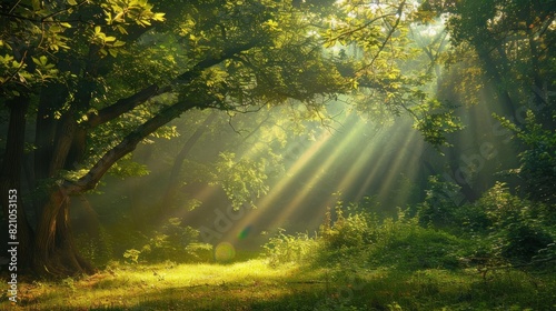 Beautiful forest panorama with bright sun shining through the trees