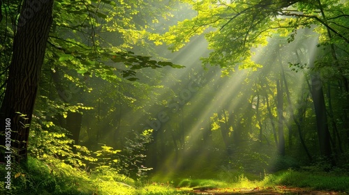 Beautiful forest panorama with bright sun shining through the trees