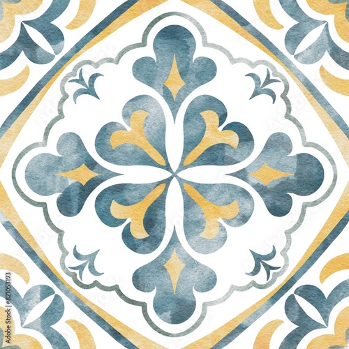 Obraz na plátně Hand painted watercolor blue faience floral arabesques azulejo tile allover seam