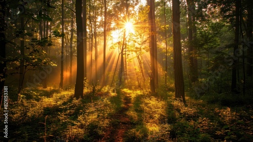 Beautiful forest panorama with bright sun shining through the trees