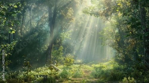 Beautiful forest panorama with bright sun shining through the trees