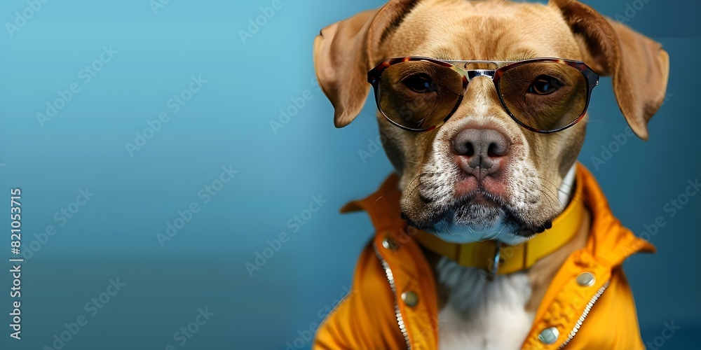 Fashionable dog in orange attire and sunglasses against blue backdrop. Concept Pets, Fashion, Photoshoot, Accessories, Styling