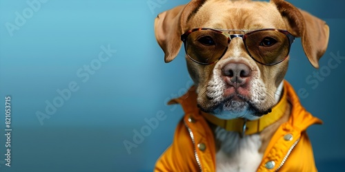 Fashionable dog in orange attire and sunglasses against blue backdrop. Concept Pets, Fashion, Photoshoot, Accessories, Styling © Ян Заболотний