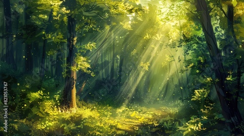 Beautiful forest panorama with bright sun shining through the trees