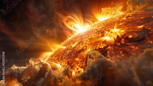 Astronomy Background, Sun emitting powerful solar winds with dynamic visuals showcasing the intense activity and energy of our star's outer atmosphere. Illustration image,
