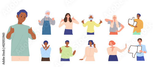 Diverse young adult and senior people cartoon characters showing positive and negative gesture