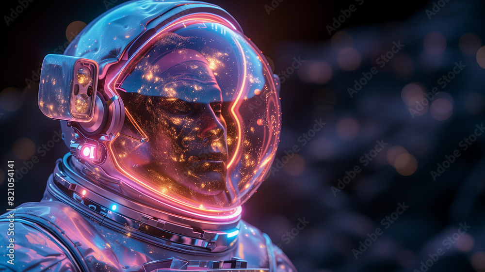 Futuristic Fashionable Astronaut in a Spacesuit. Sci-fi glowing illustration of space suit wearing male figure in neon retro-futuristic style. Suitable for posters, banners or conceptual projects. Futuristic Fashionable Astronaut in a Spacesuit. Sci-fi glowing illustration of space suit wearing male figure in neon retro-futuristic style. Suitable for posters, banners or conceptual projects.