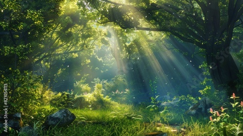 Beautiful forest panorama with bright sun shining through the trees