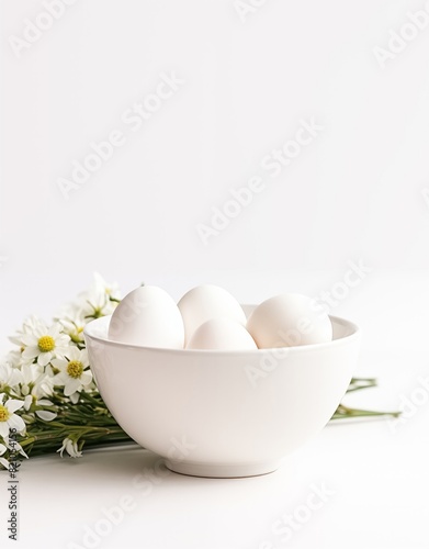 white eggs and daisies on white background, easter concept
