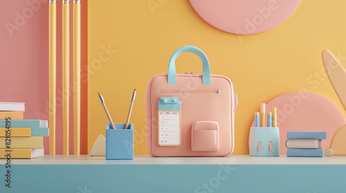 3d rendering concept colorful themes of back to school . educational background with copy space surround by kids merchandise catalog, calendar , pens, erasers, books , childlike, desk,  School supply
