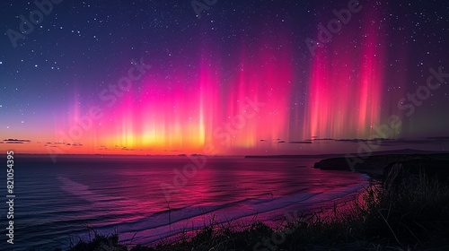 Astronomy Background, Aurora australis over the southern ocean at night with the vibrant lights creating a mesmerizing and beautiful view of this natural phenomenon. Illustration image,