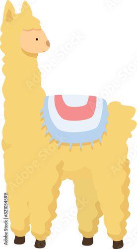 Digital illustration of a charming alpaca, adorned with a colorful saddle blanket