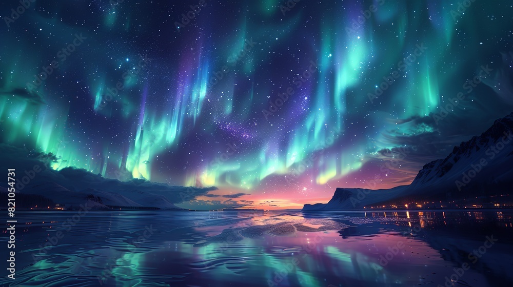 Astronomy Background, Aurora borealis over a coastal landscape with the lights reflecting on the water and creating a magical night-time scene. Illustration image,