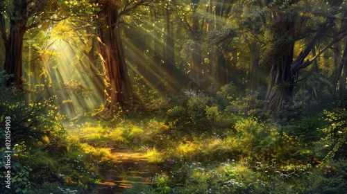Beautiful forest panorama with bright sun shining through the trees © Art Wall
