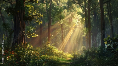 Beautiful forest panorama with bright sun shining through the trees