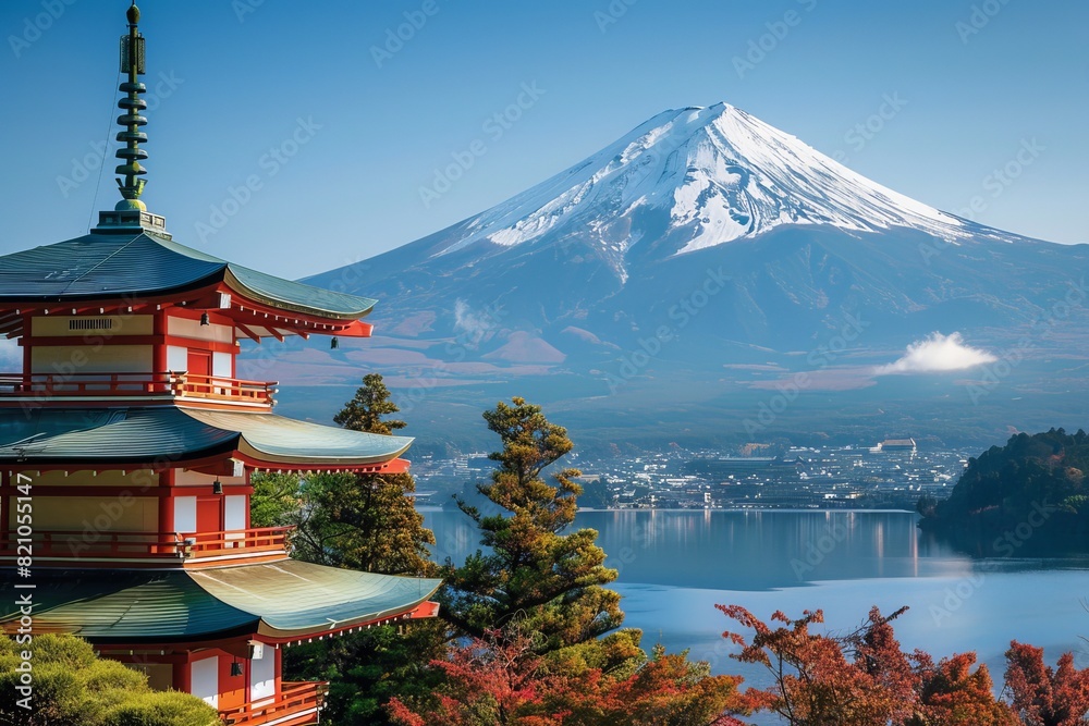 Snow-covered Mount Fuji, serene Lake Kawaguchi foreground in early morning light creates a tranquil scene