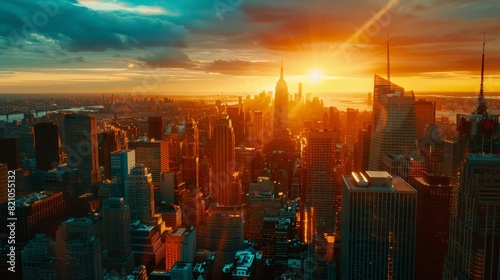 A photo realistic uhd picture of new york skyline from a high sky rise building in the sunrise time.  photo