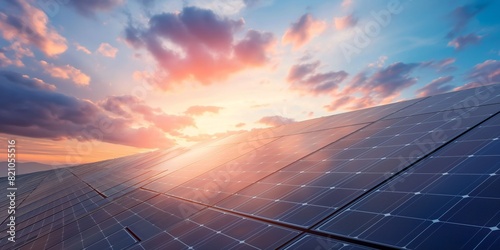 Beautiful sunset with scattered clouds over a vast solar panel installation