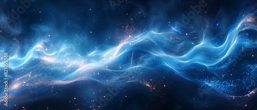 Blue trendy glowing magic particles form abstract wave