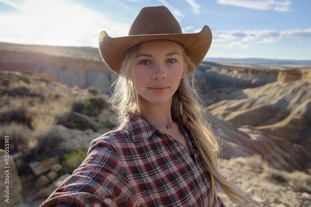 Beautiful farm girl takes a selfie country girl wearing cowboy hat summer sunny day country girl who takes care of the farm cowgirl girl