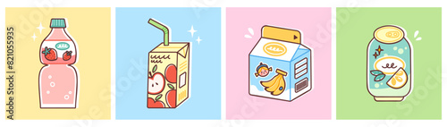 Sweet soft drinks set. Vector illustration of strawberry and apple juices, banana milk and lemon soda. Fresh cold beverages in cute packaging. Colorful flat style.