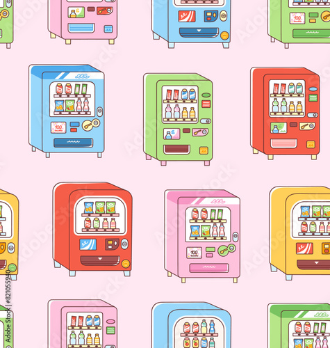 Vending machines seamless pattern. Vector illustration of vending machines selling beverages and snacks. Soda cans, water bottles and bags of chips on sale. Colorful flat style.