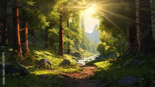 Beautiful forest panorama with bright sun shining through the trees