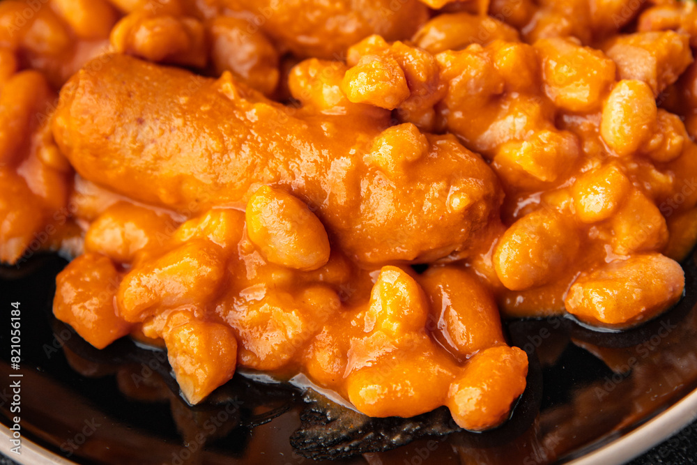 bean sausage meat tomato sauce fresh meal food snack on the table copy space food background rustic top view bean sausage meat tomato sauce fresh meal food snack on the table copy space food background rustic top view