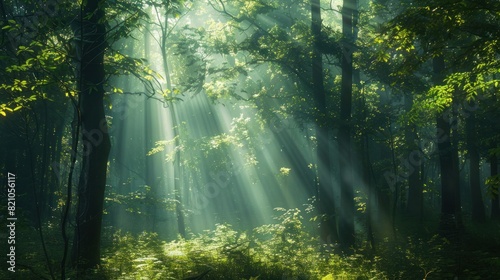 Beautiful forest panorama with bright sun shining through the trees